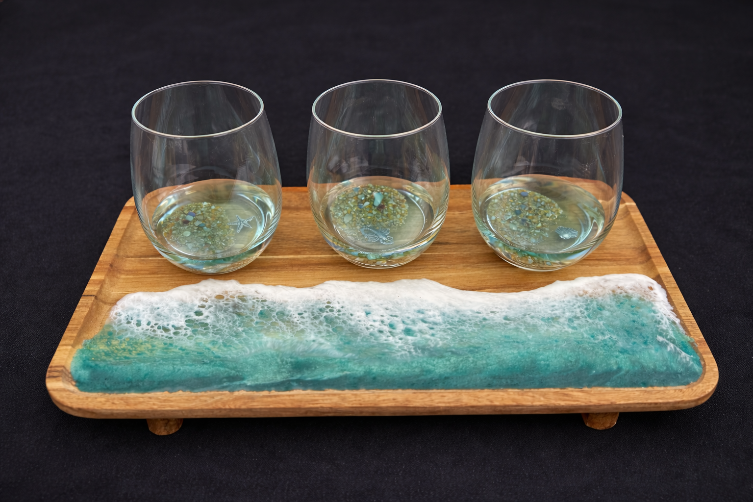 Coastal Charcuterie Board & Glass Set – Aqua Wave